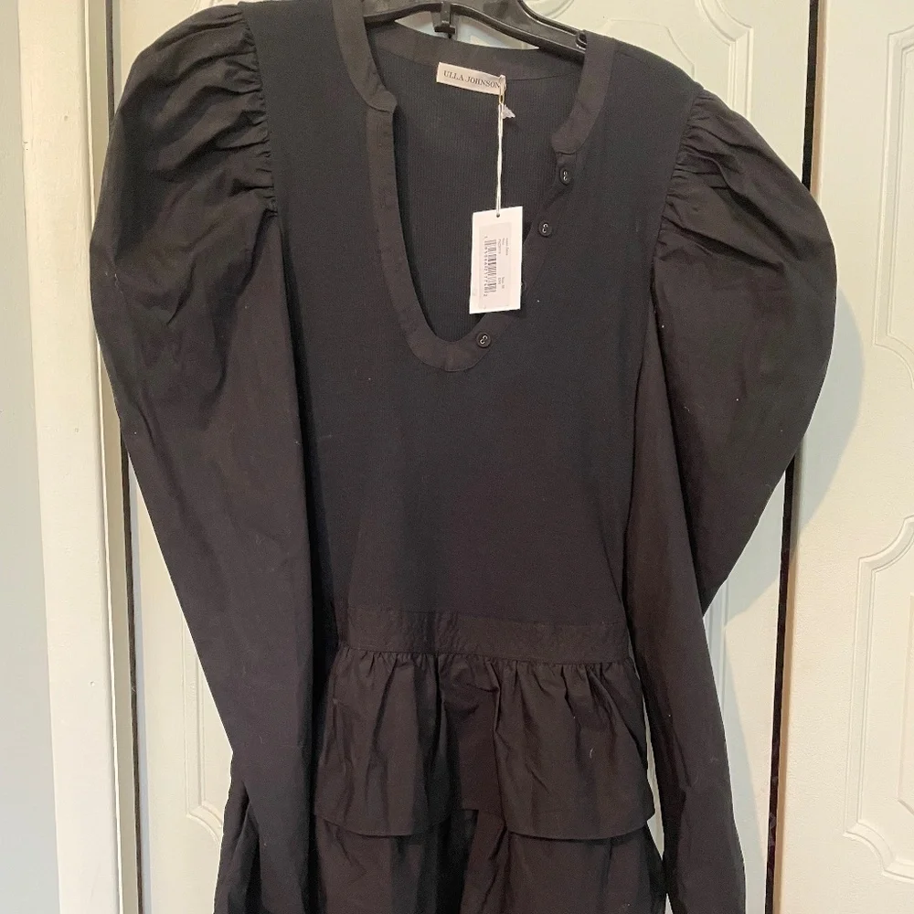 Ulla Johnson black 100% cotton dress with puff sleeves, tiered, sz. M, NWT, mint - Picture 1 of 7